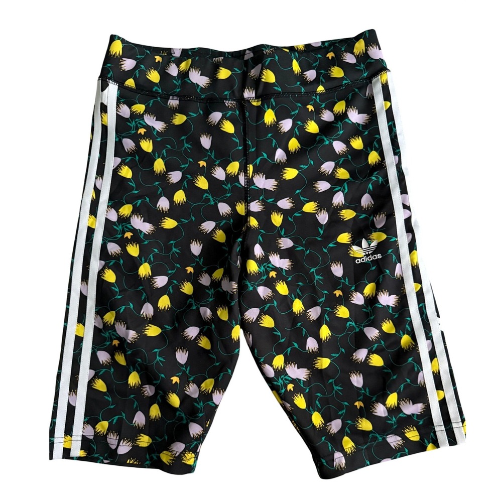 Adidas Originals Floral Tulip Print Biker Shorts Black Yellow Purple Womens M